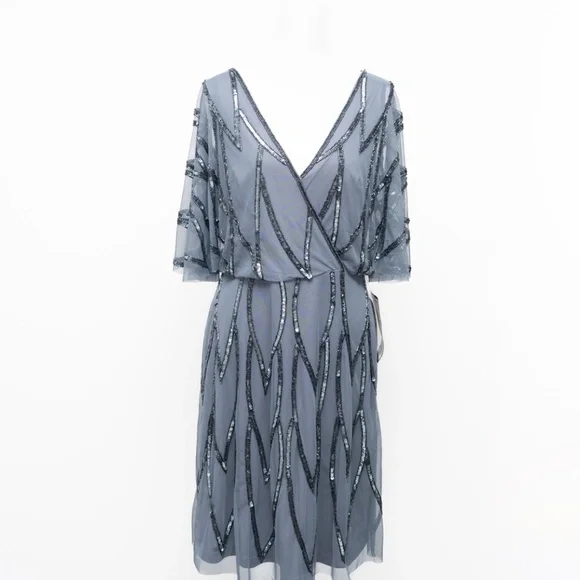 Adrianna Papell‎ - Beaded Mesh Flutter-Sleeve Dress - Picture 2 of 12